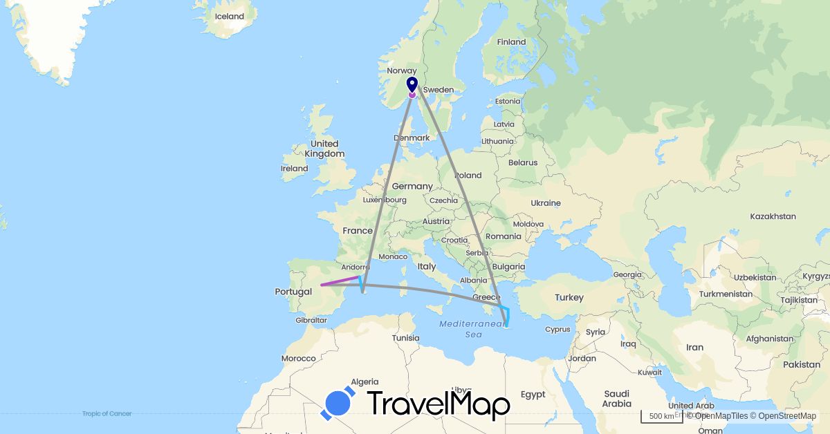 TravelMap itinerary: driving, plane, train, boat in Spain, Greece, Norway (Europe)